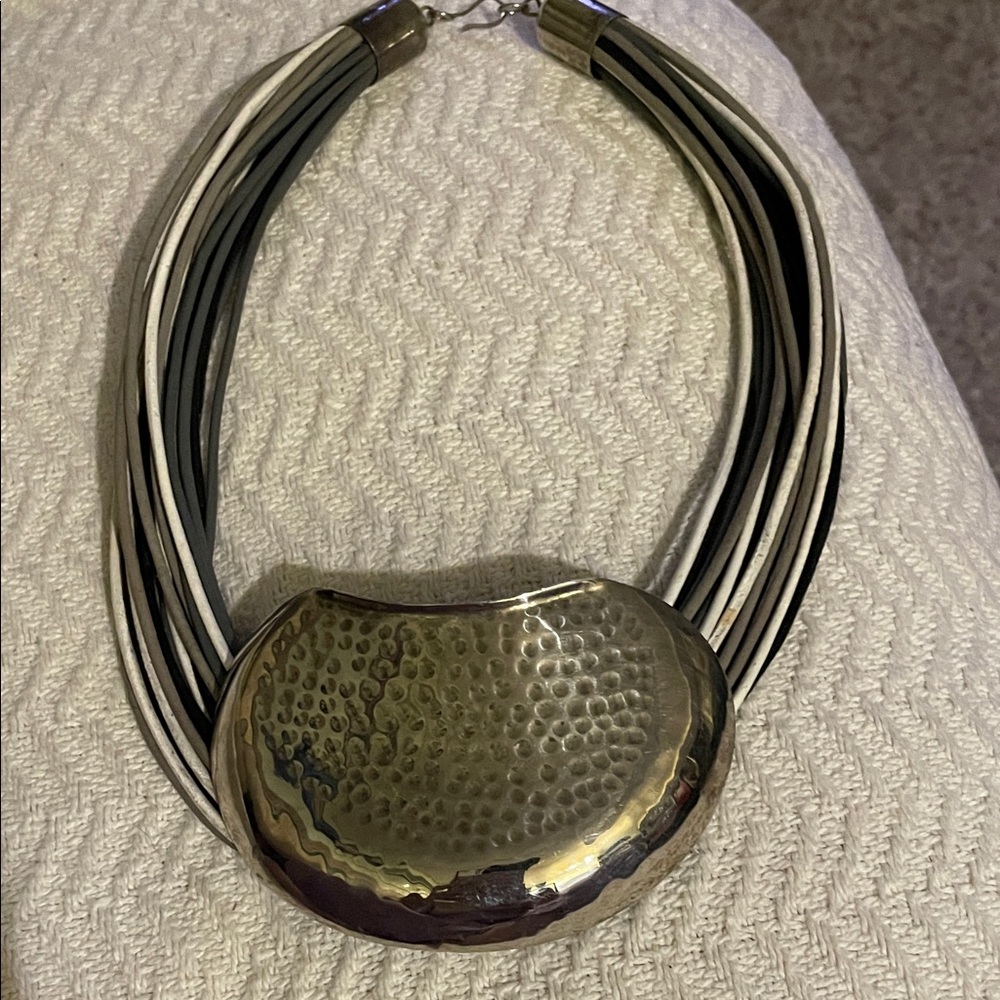 Vintage leather strap Sterling oversized charm Women's choker Necklace